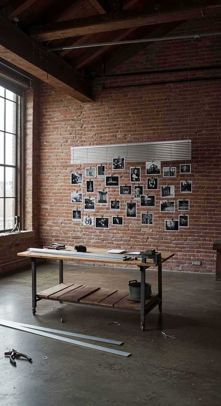 Persiana veneciana de metal colgada en una pared de ladrillo para exhibir fotos en blanco y negro