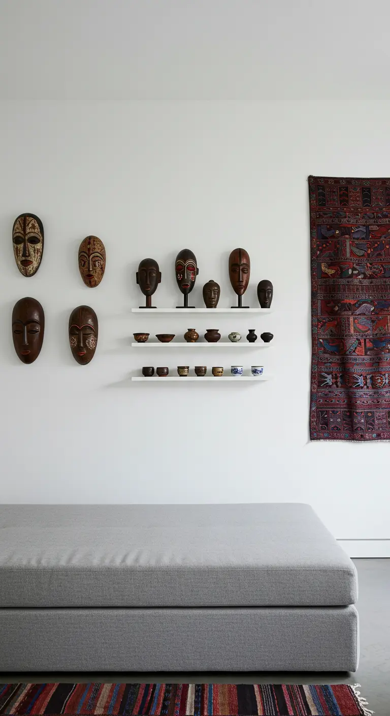 Pared blanca minimalista decorada con una colección de máscaras tribales y un tapiz étnico.