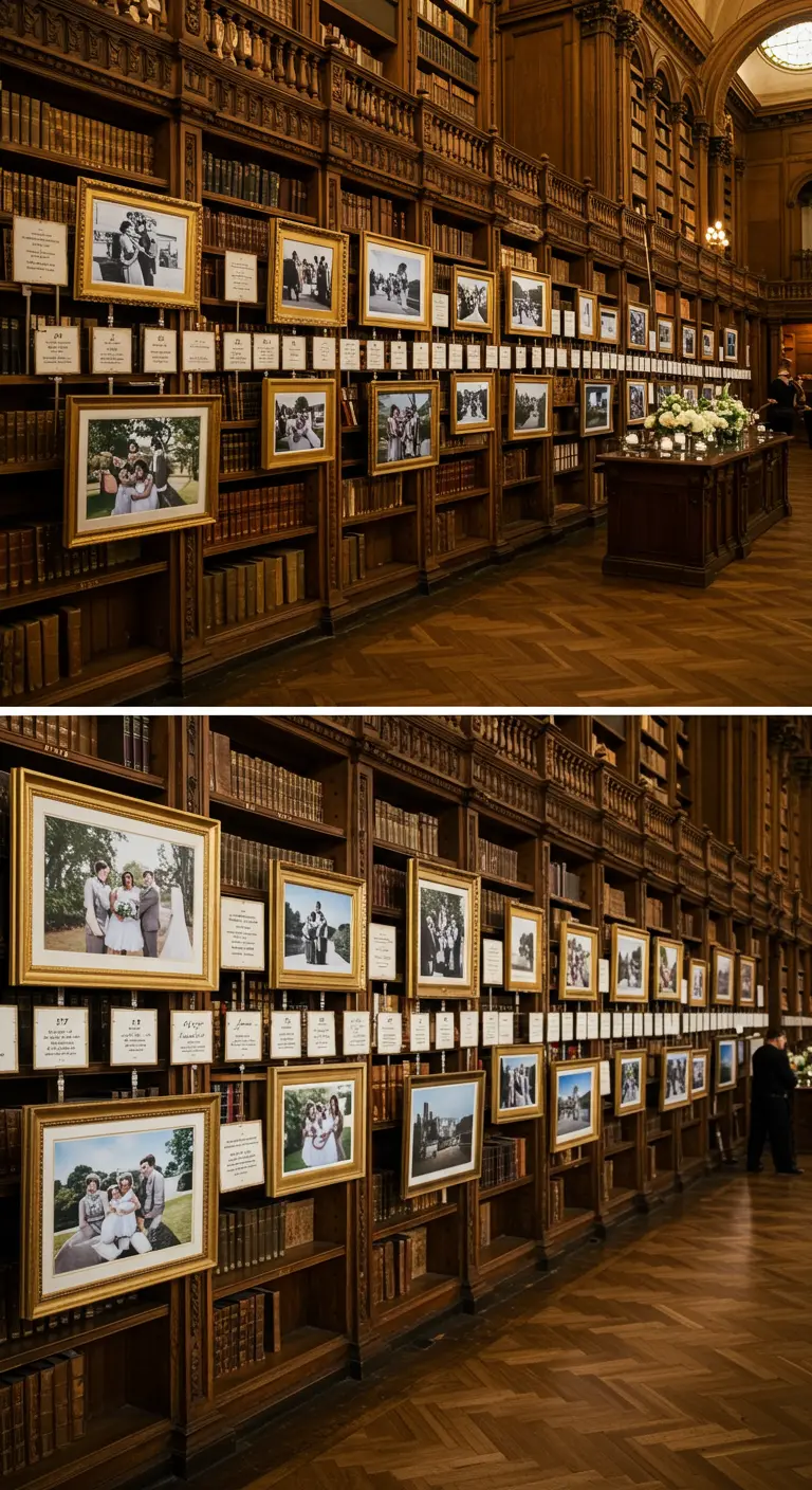 Galería de fotos familiares enmarcadas en estanterías de una biblioteca, con notas escritas.