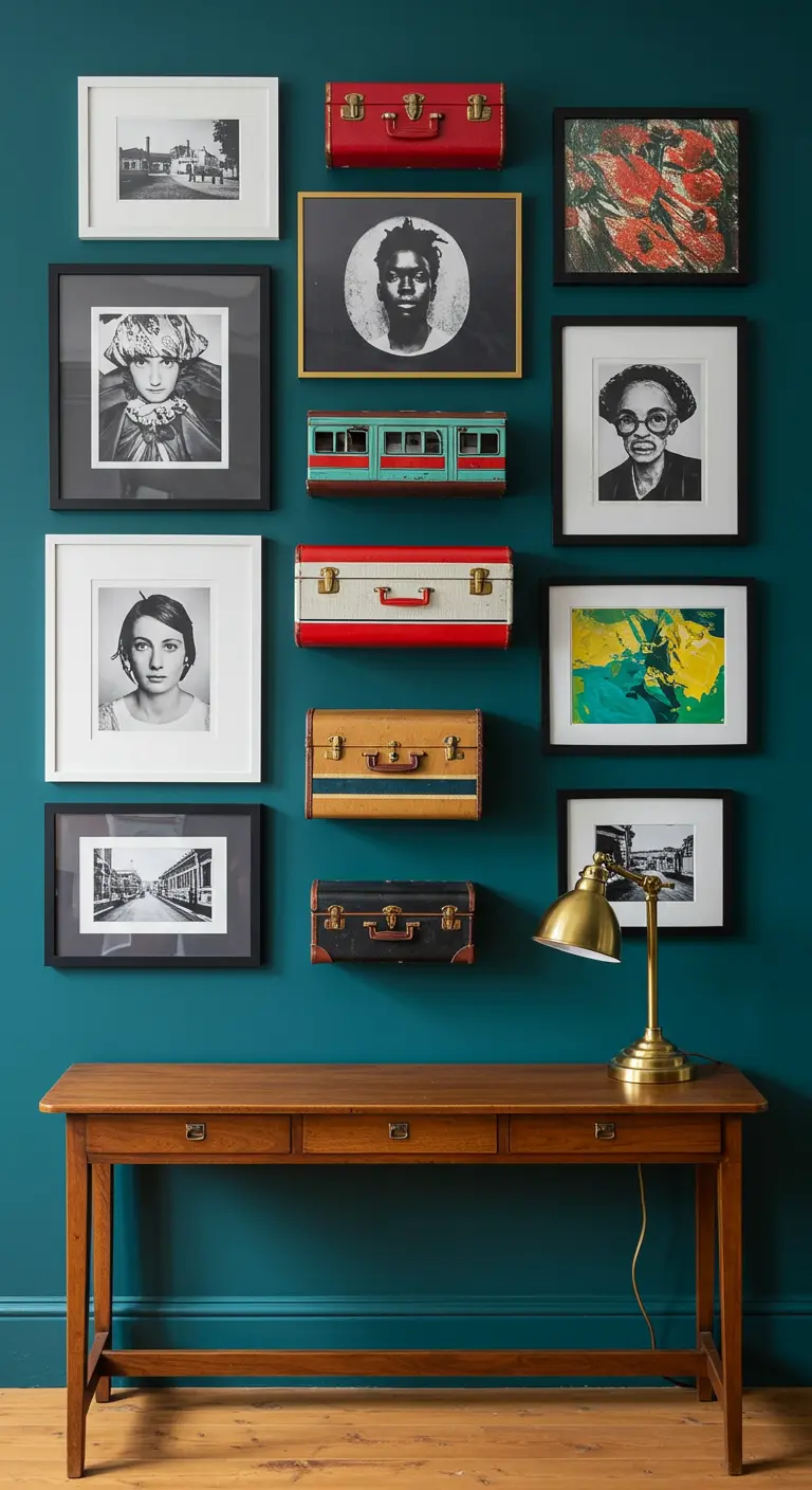 Pared de acento azul con una galería de cuadros y pequeñas maletas vintage de colores.