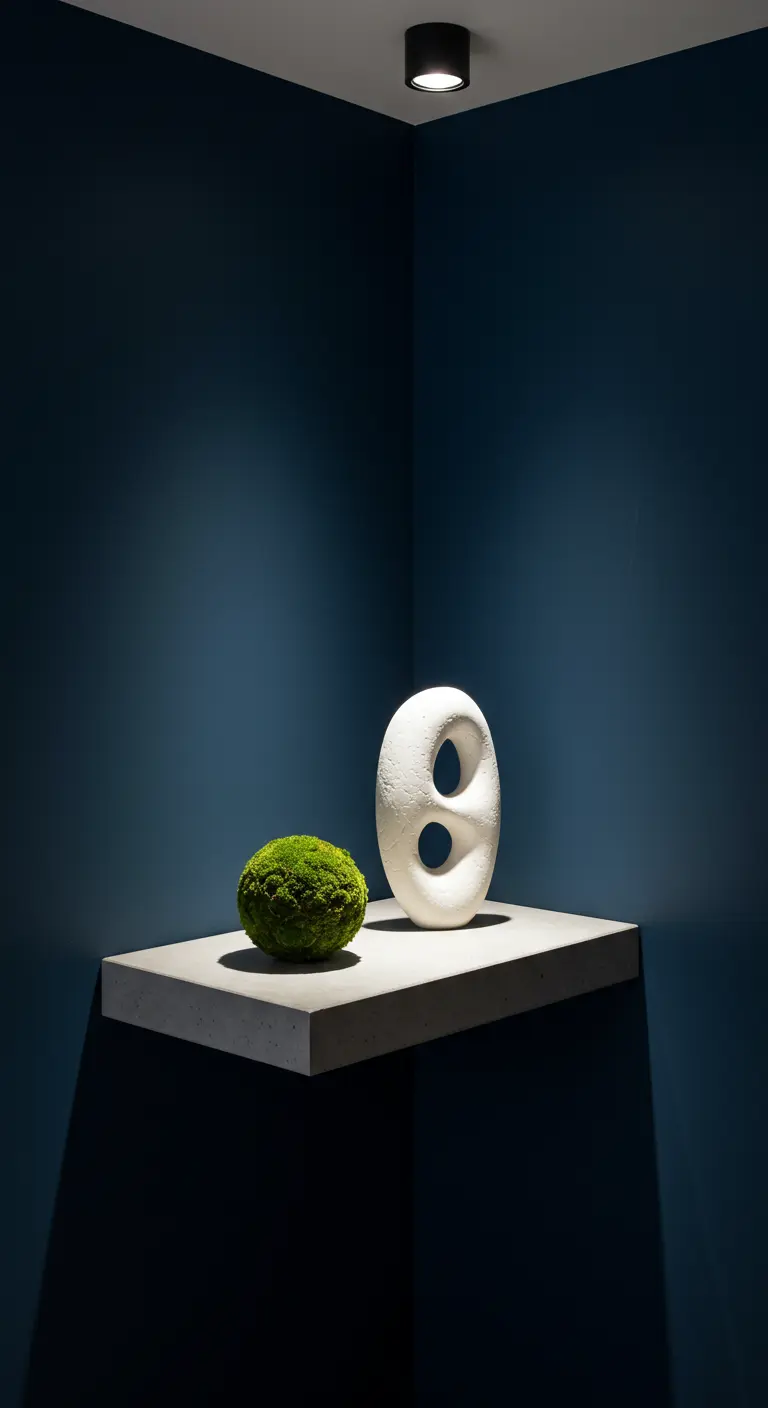 Estante flotante en una esquina azul oscuro con una bola de musgo y una escultura blanca.
