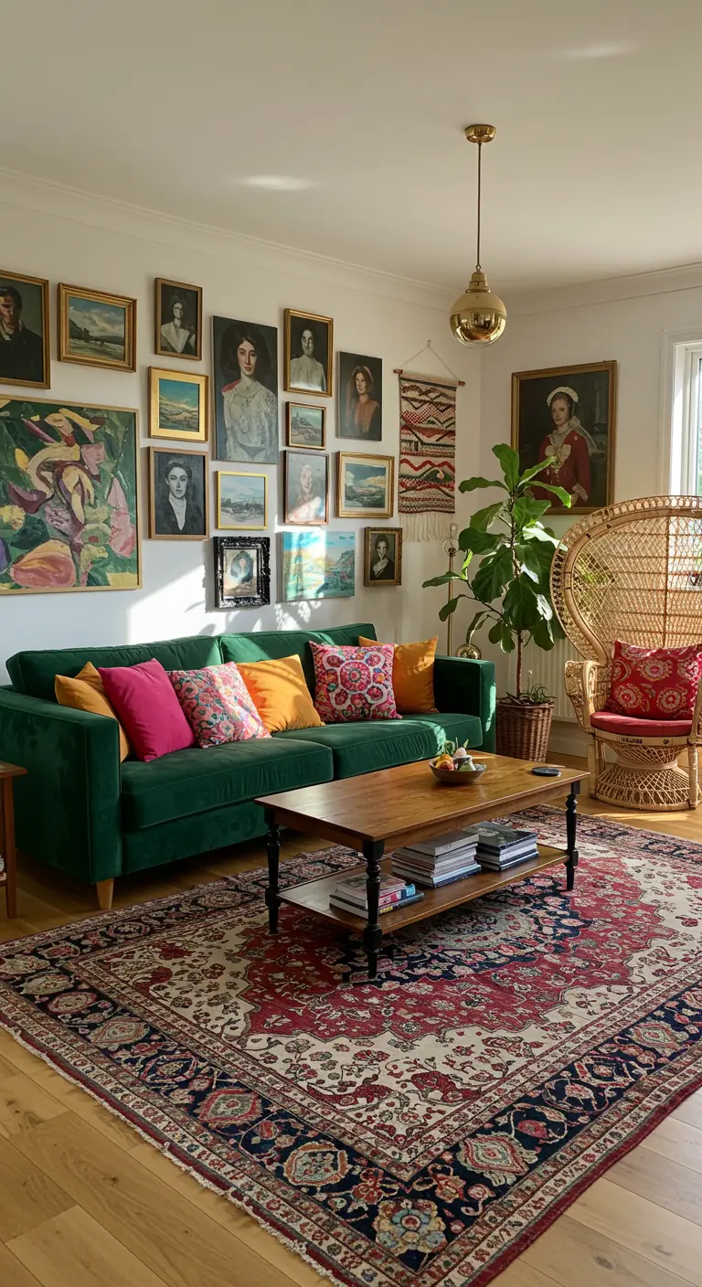 Salón bohemio con sofá de terciopelo verde, pared de galería y alfombra persa