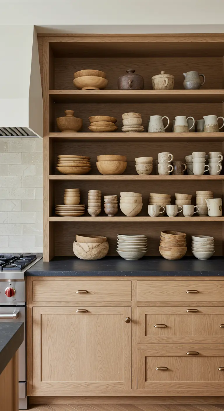 Estanterías abiertas de madera de roble, organizadas con una colección de cuencos de madera y cerámica.