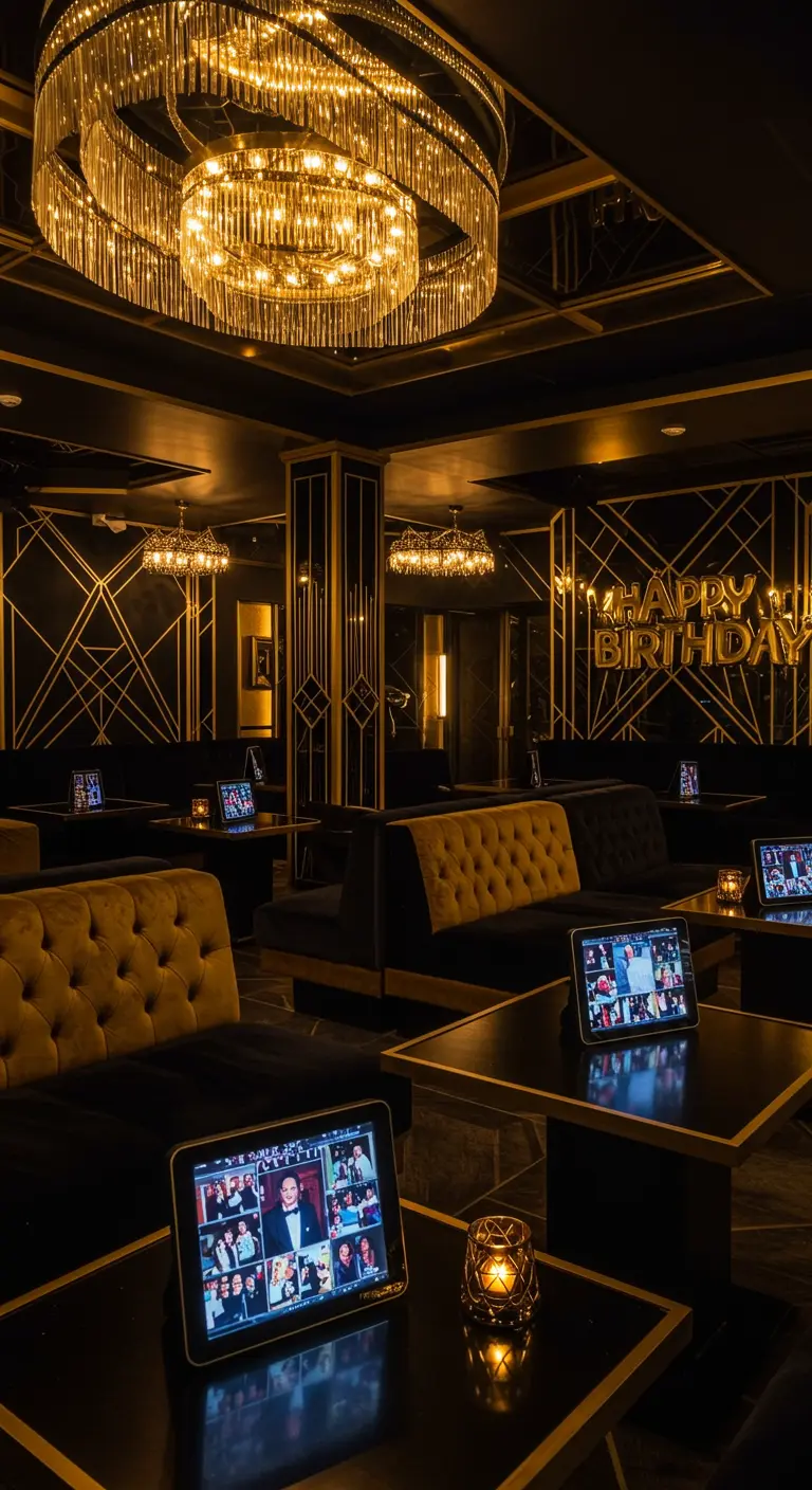 Mesas en un lounge oscuro y elegante con marcos de fotos digitales mostrando un collage de imágenes.