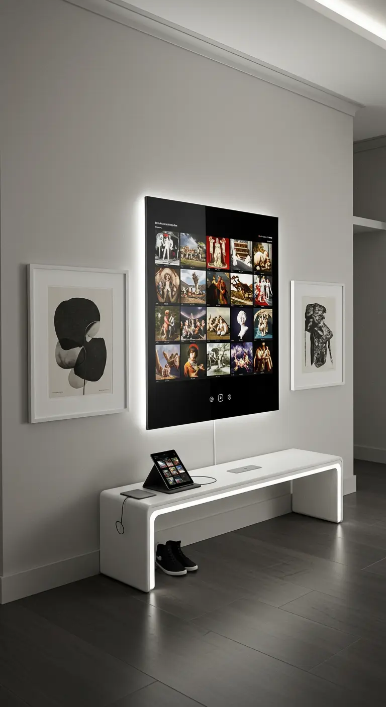 Rincón futurista con una pantalla digital de arte, banco blanco iluminado y cuadros minimalistas.
