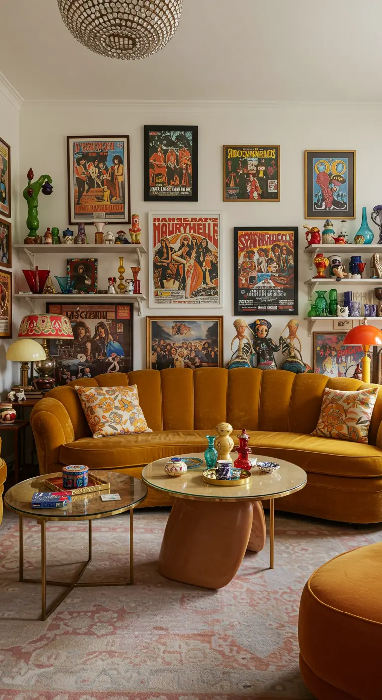 Sala de estar ecléctica con una pared de galería llena de arte y un sofá mostaza.