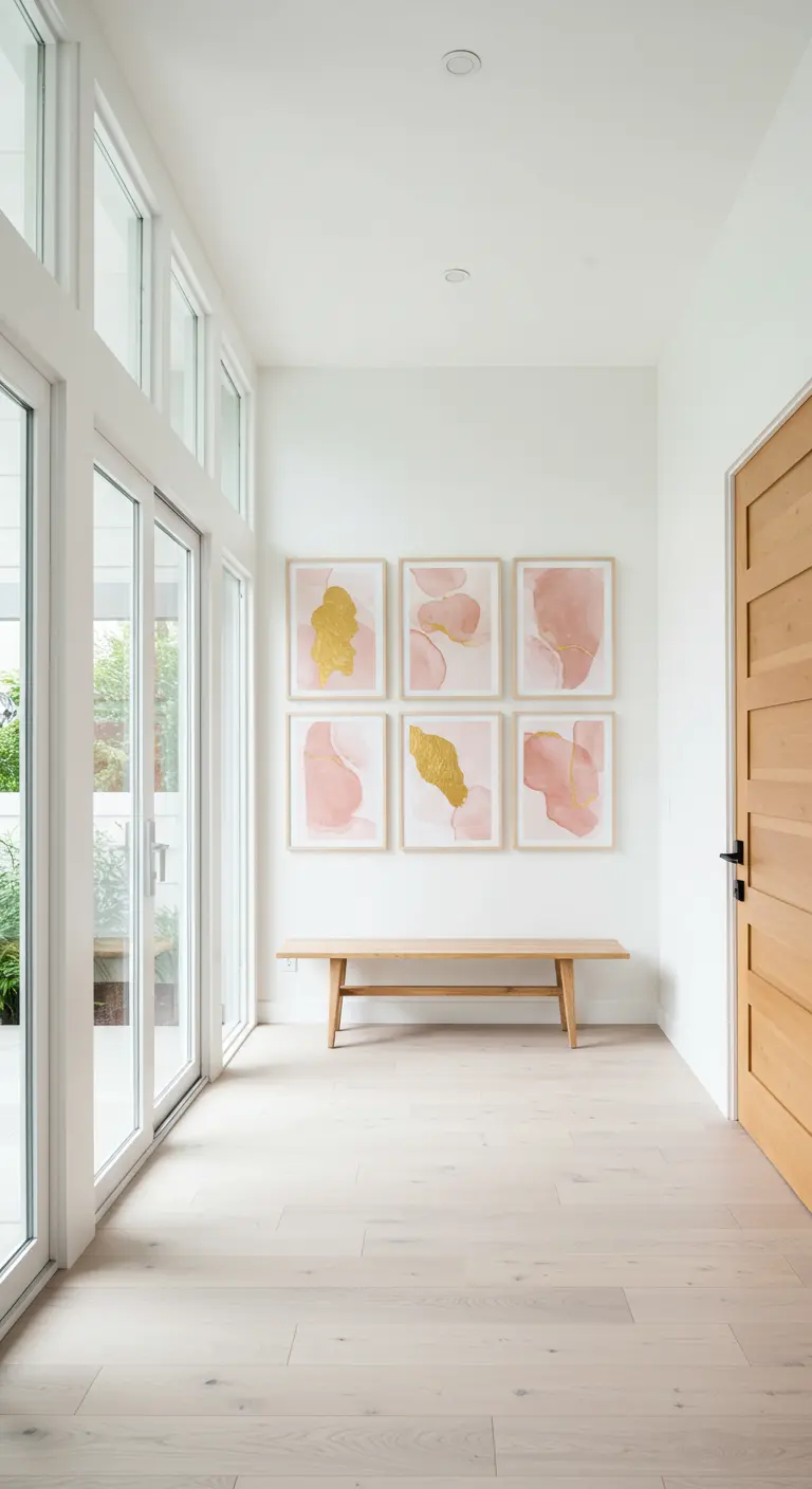 Recibidor luminoso con una galería de seis cuadros en tonos rosa y dorado sobre un banco de madera.