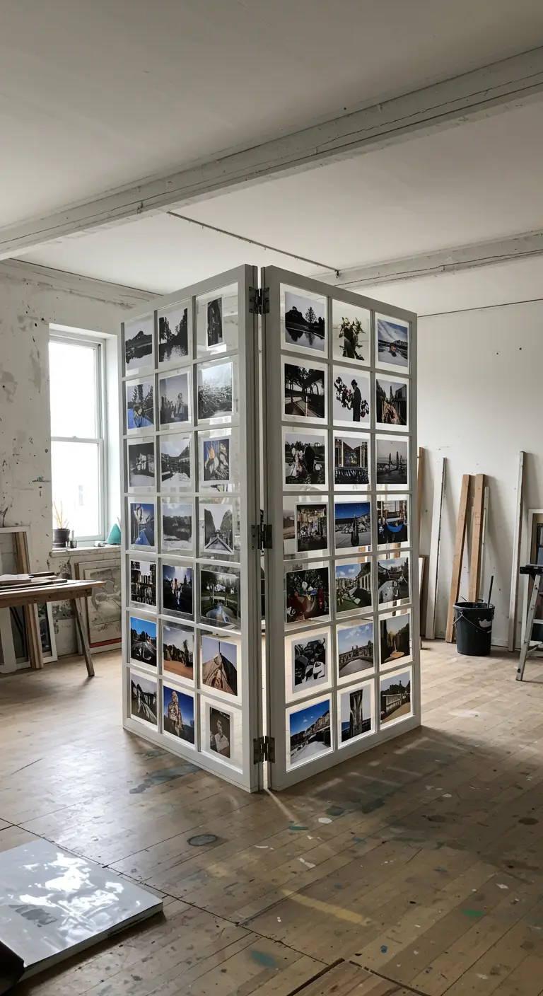 Dos marcos de ventana unidos con bisagras y retroiluminados, creando un biombo de fotos.