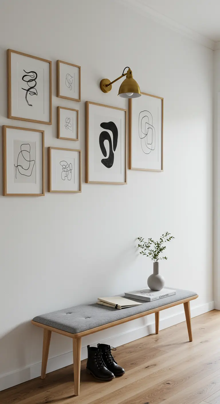 Pasillo minimalista con galería de cuadros abstractos, banco tapizado en gris y lámpara dorada.