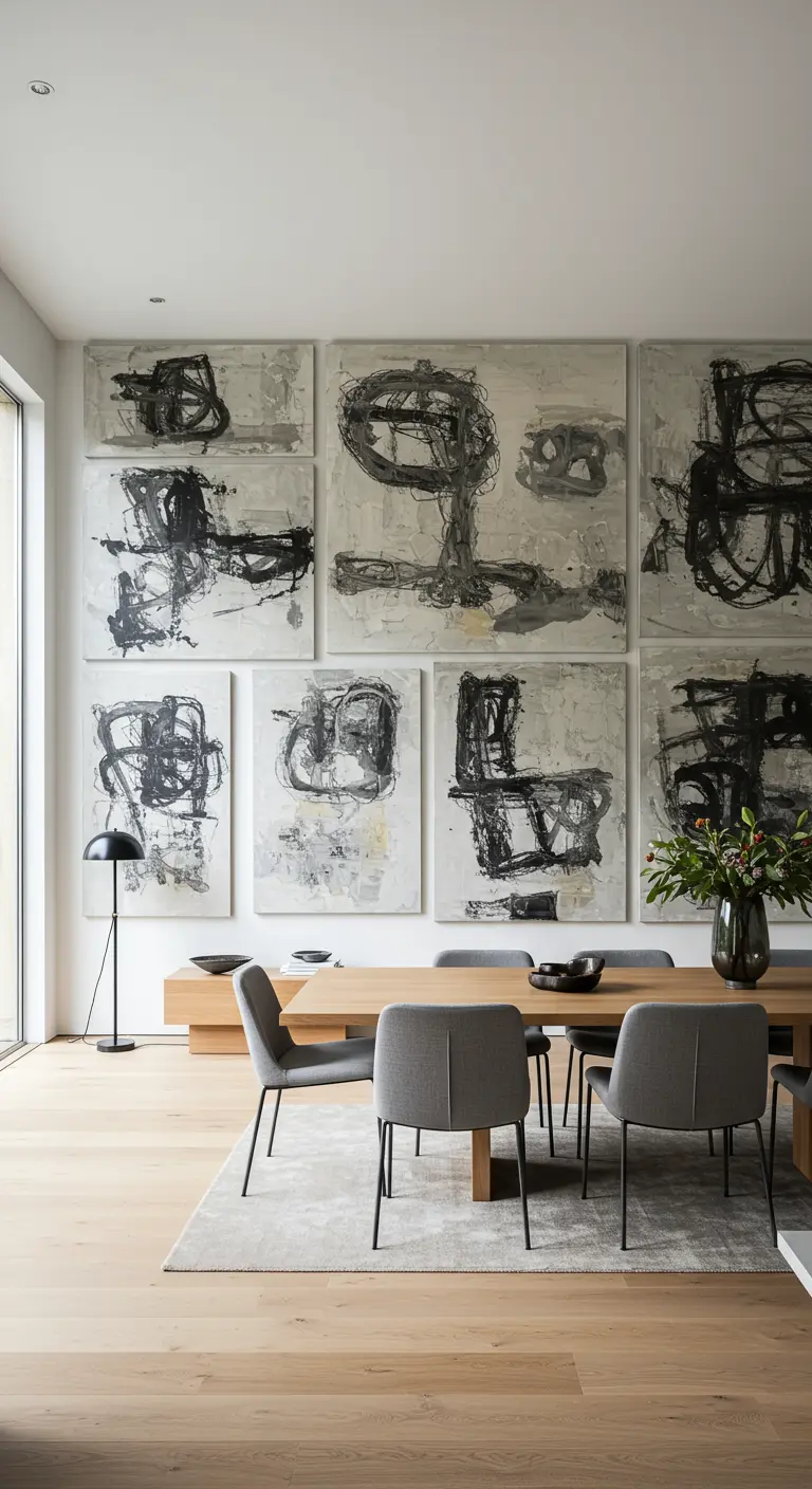 Pared cubierta con grandes lienzos de arte abstracto en blanco y negro, creando un efecto de galería
