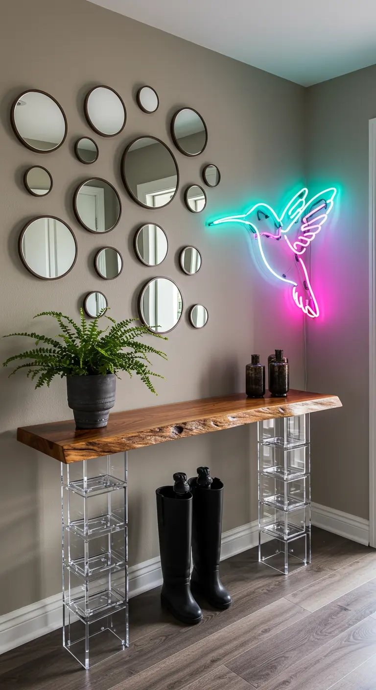Pared con múltiples espejos redondos, consola de madera y acrílico, y un neón de colibrí.