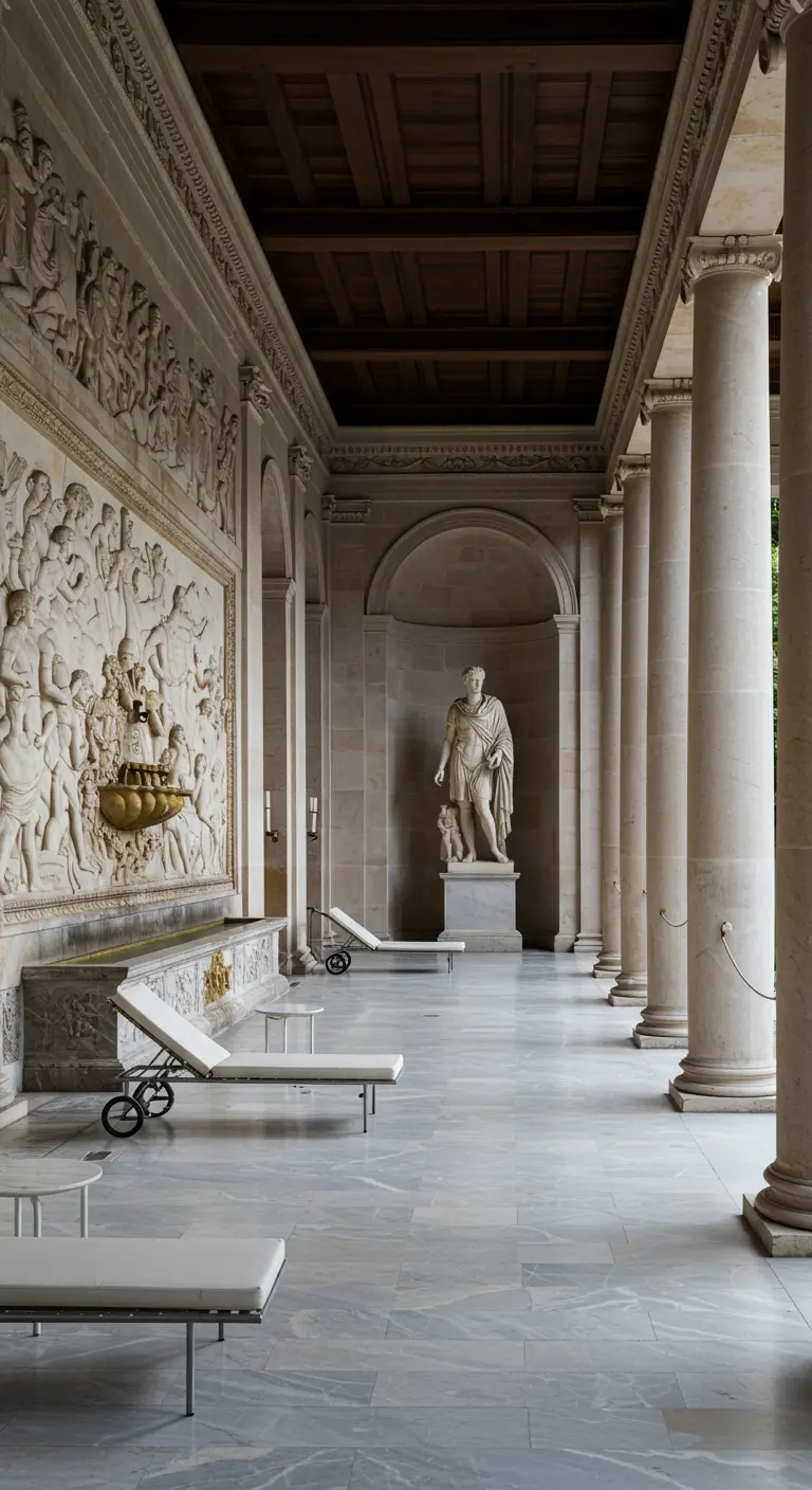 Galería exterior de estilo neoclásico con columnas, bajorrelieves y estatuas de mármol.