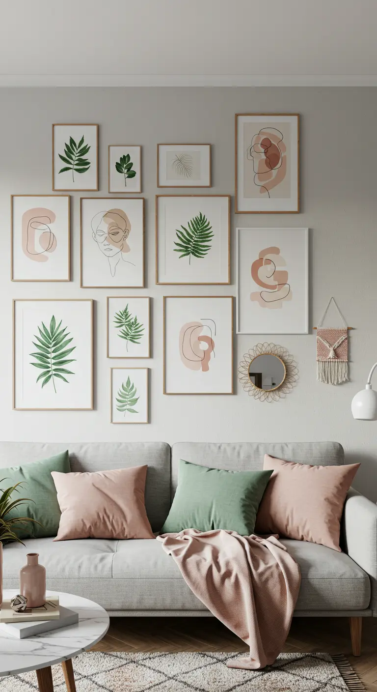 Pared de galería sobre un sofá gris con láminas en tonos rosa y verde.