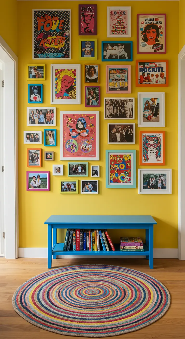 Pasillo vibrante con pared amarilla, banco azul y una pared llena de cuadros y fotos de estilo pop.