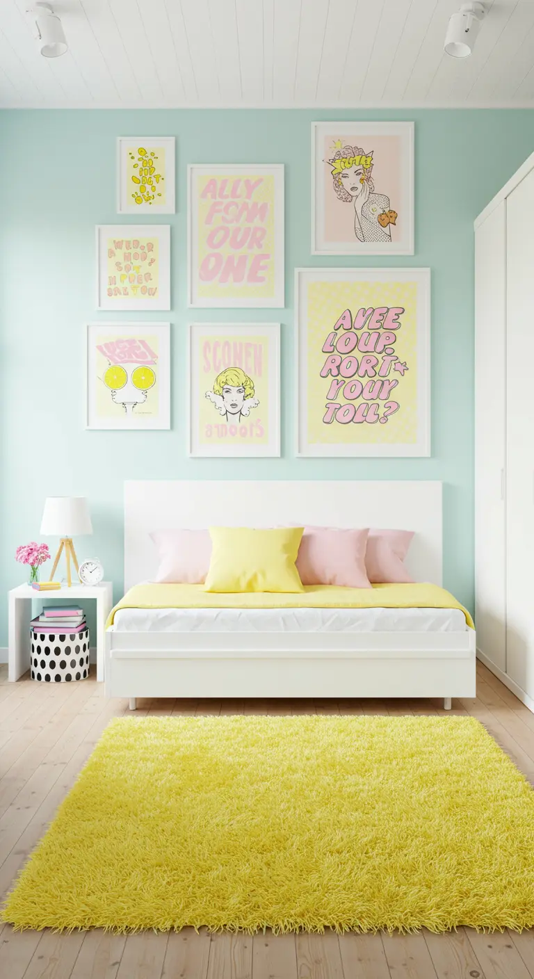 Dormitorio juvenil con pared aguamarina y una galería de cuadros pop art en rosa y amarillo.
