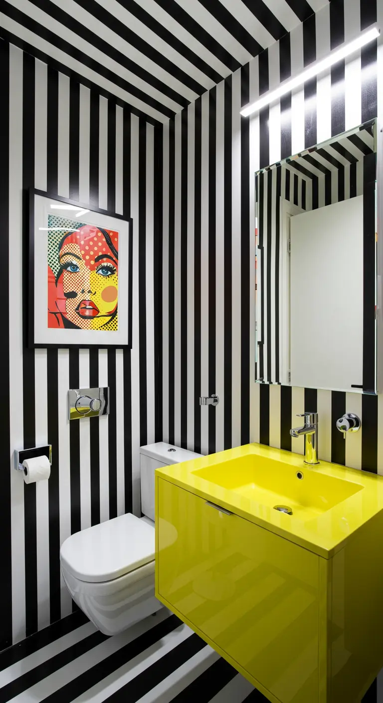 Baño con paredes de rayas blancas y negras, un lavabo amarillo y un cuadro de Pop Art