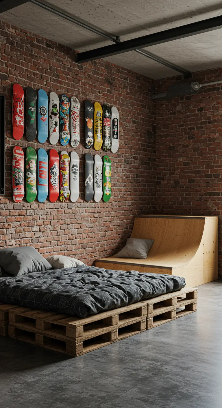 Habitación con una colección de tablas de skate colgadas en una pared de ladrillo visto.