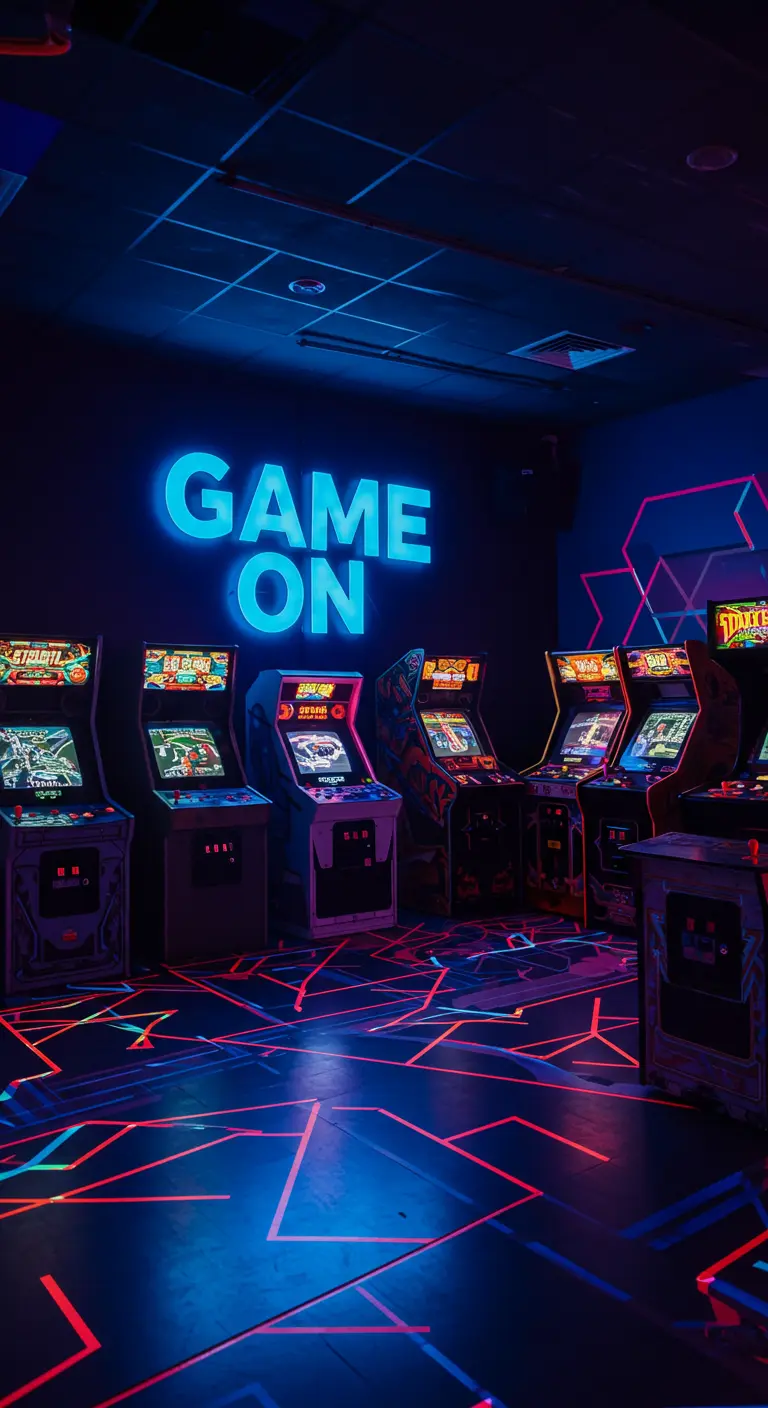 Letras de neón 'GAME ON' en una sala oscura llena de máquinas de arcade retro.