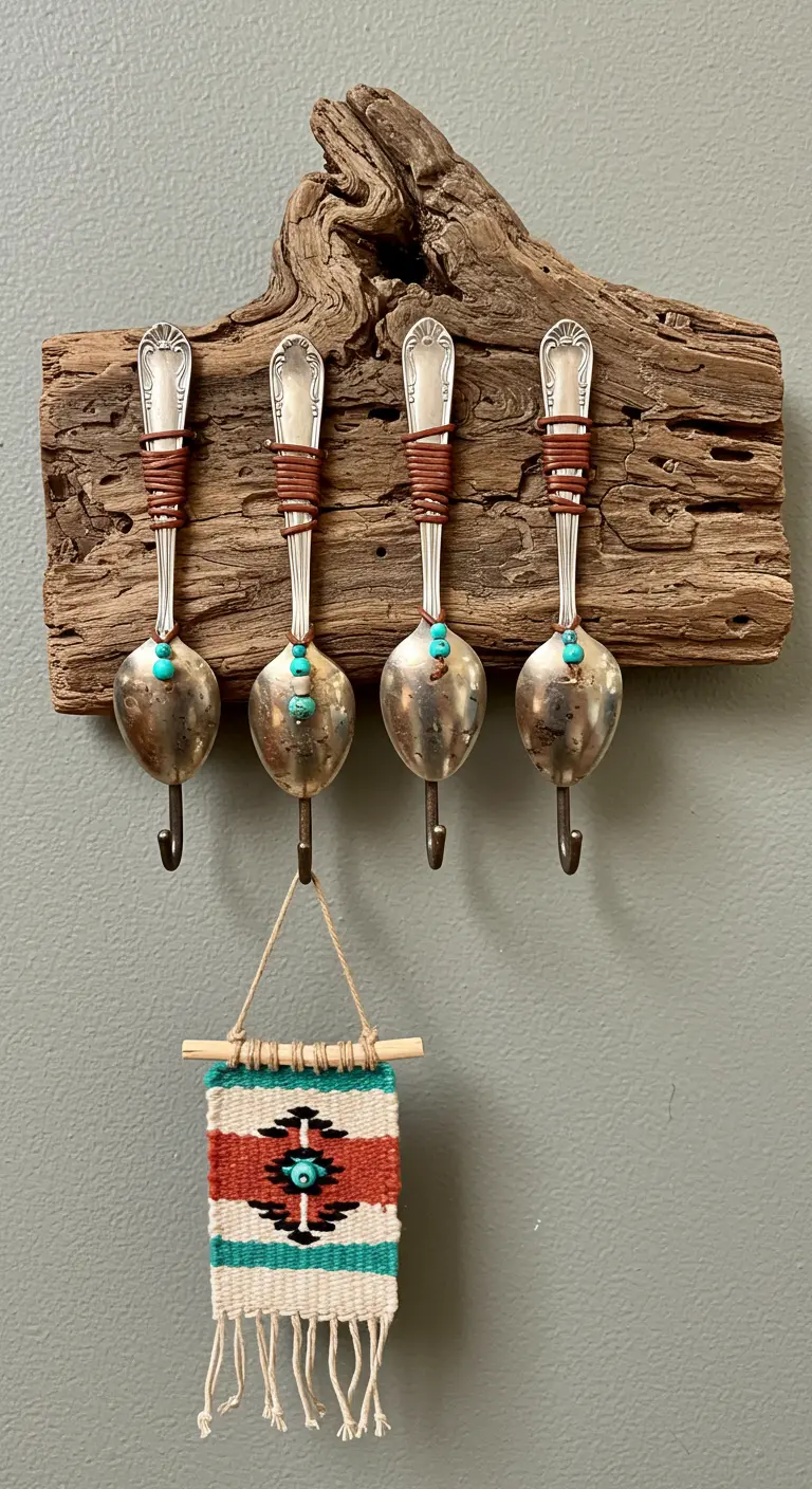 Cucharas de plata con detalles de cuero y turquesa, montadas en una pieza de madera de deriva.