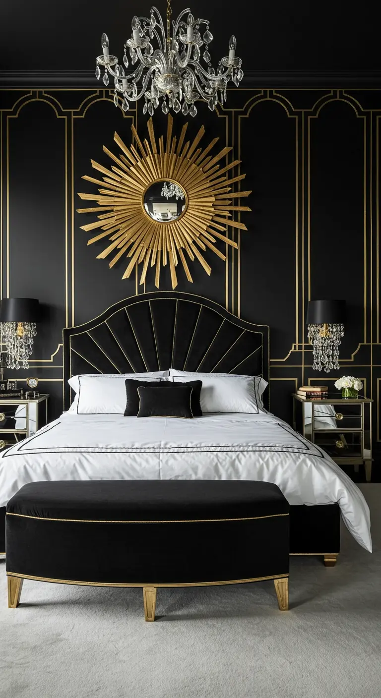Dormitorio art déco en negro y dorado con espejo sol y candelabro de cristal.