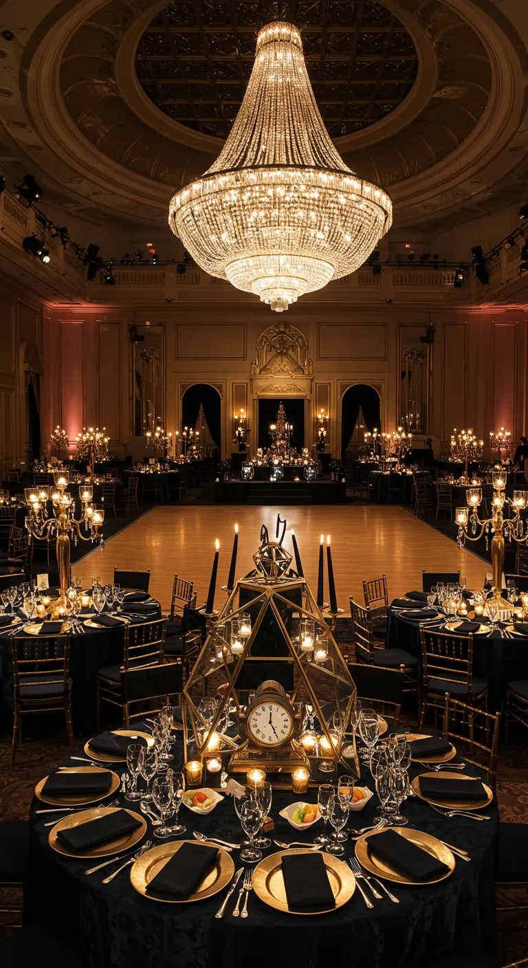 Centro de mesa dorado y geométrico con un reloj y velas negras en un salón de baile elegante.