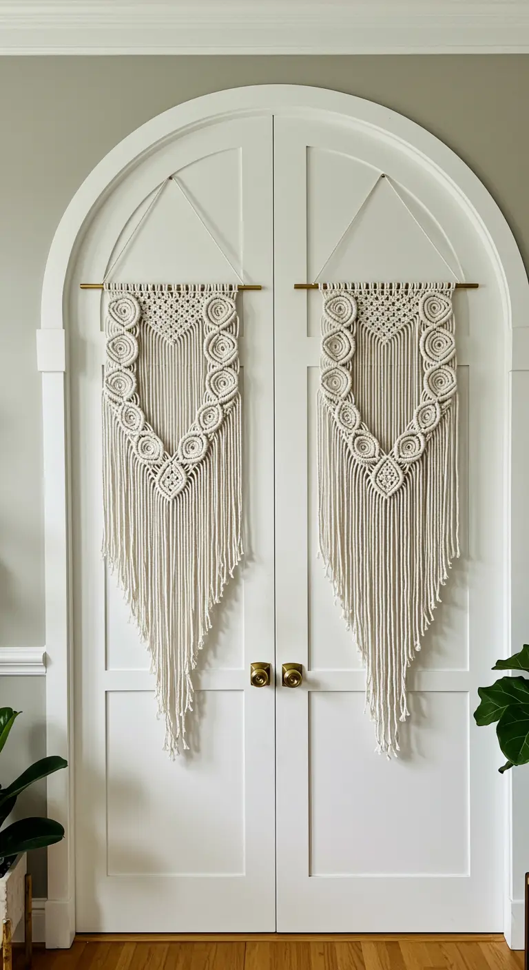 Dos tapices de macramé idénticos colgados en cada una de las puertas de un armario doble blanco.