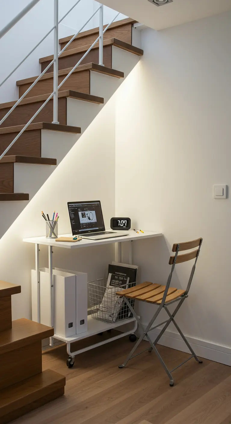 Oficina móvil blanca y compacta ubicada perfectamente en el hueco de una escalera