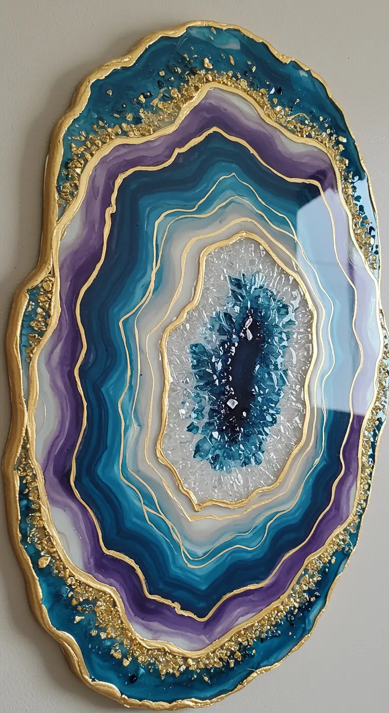Arte de resina con forma de geoda en tonos azules y morados con vetas doradas y cristales.