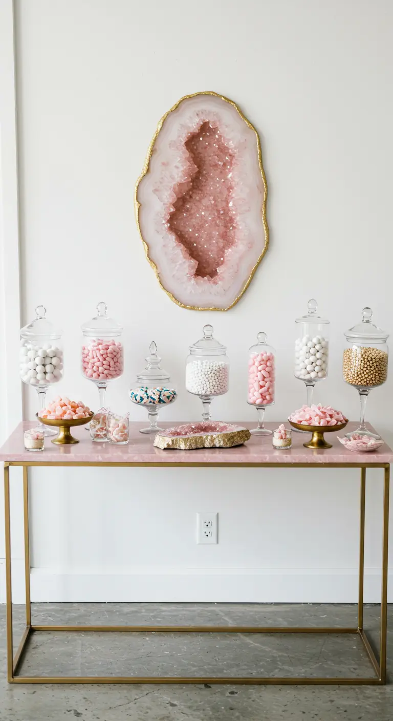 Candy bar minimalista con una gran geoda de cuarzo rosa en la pared y frascos de dulces.