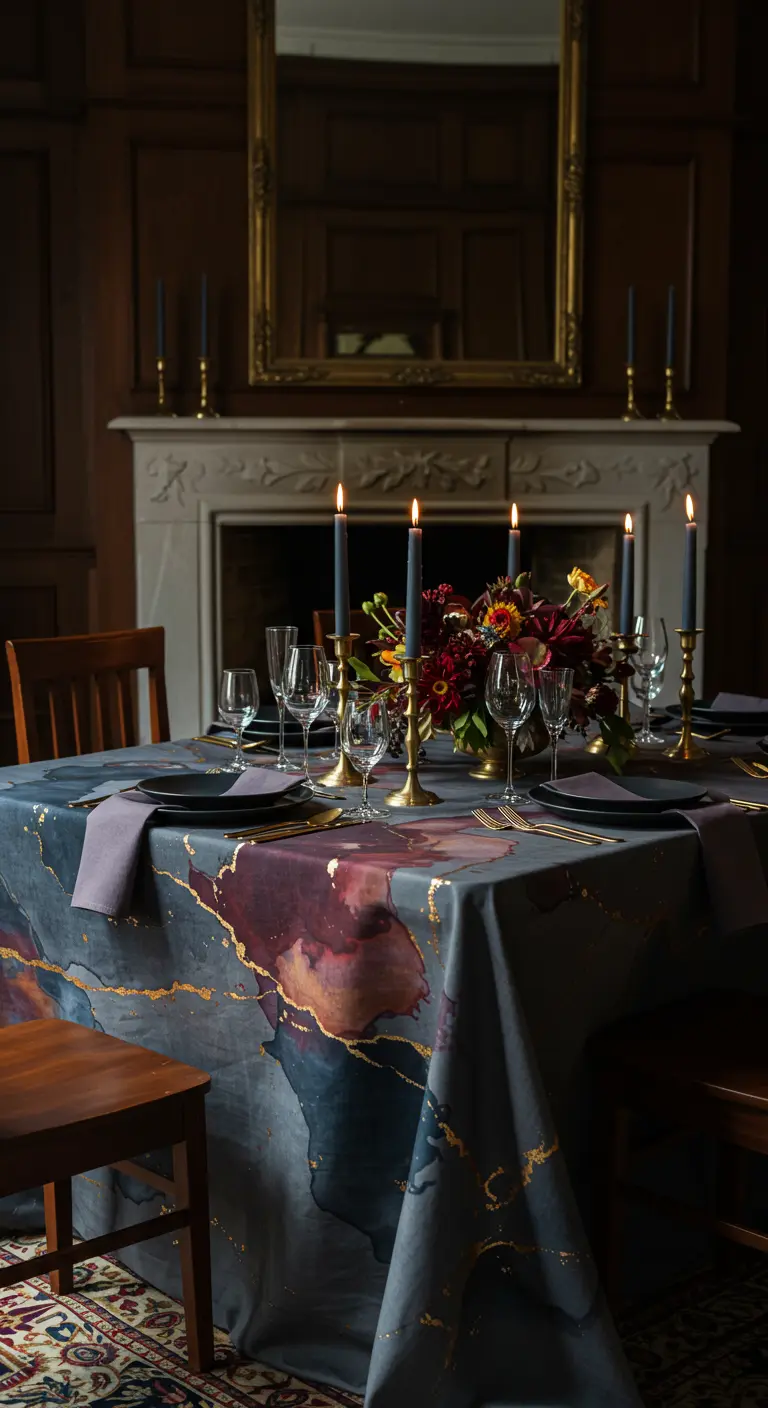 Mantel abstracto con efecto mármol en tonos oscuros y vetas doradas en un comedor elegante.