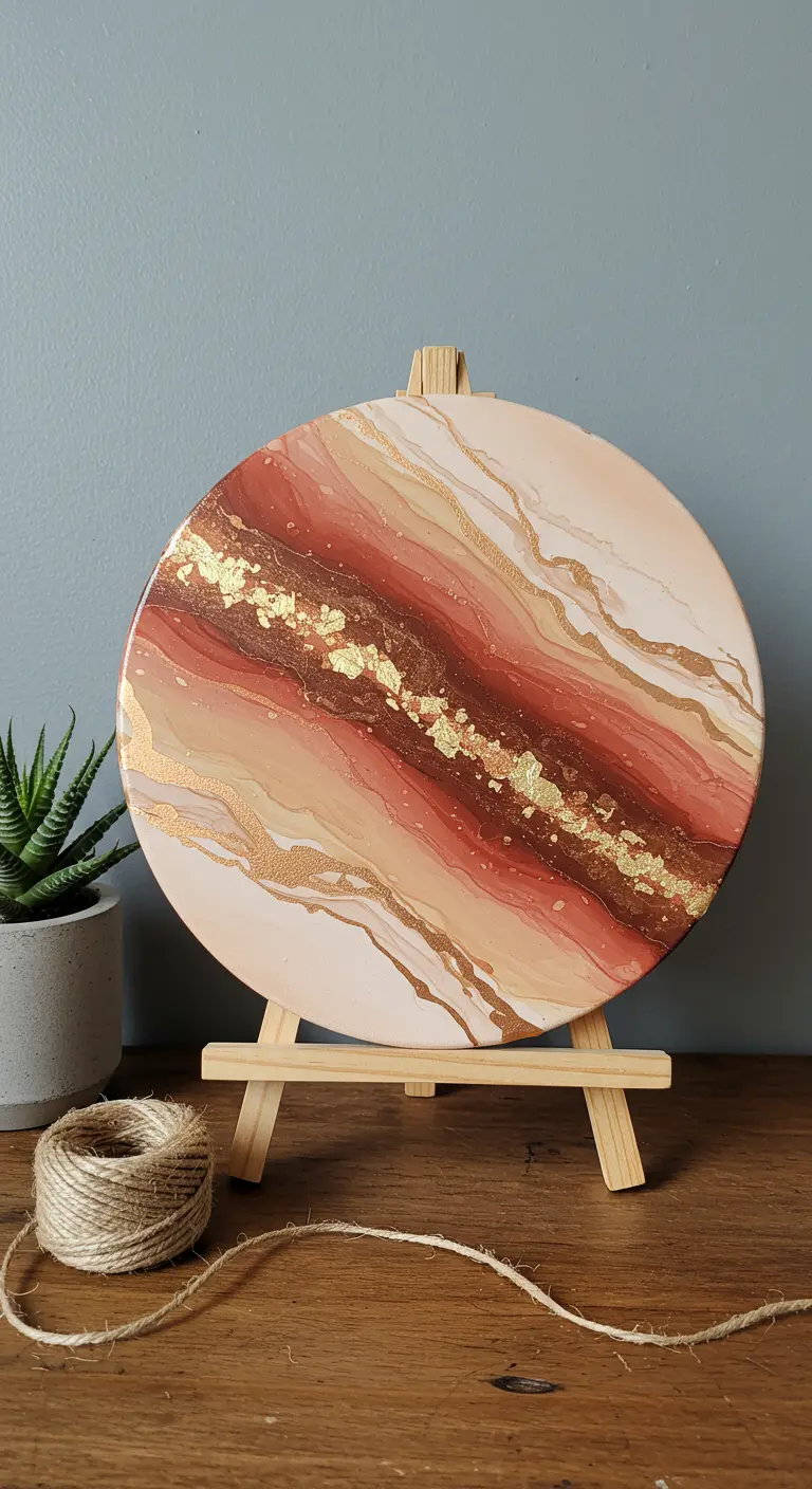Cuadro redondo con pintura fluida en tonos tierra y pan de oro, sobre un caballete