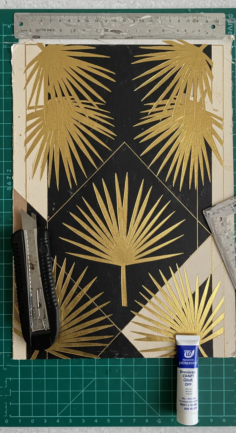 Cuadro de estilo Art Decó con hojas de palmera doradas sobre un fondo geométrico blanco y negro.