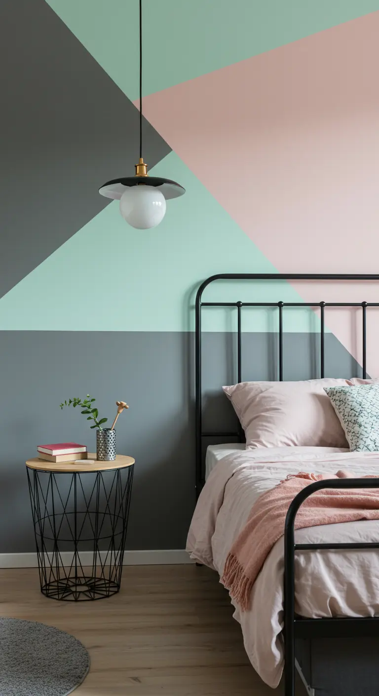 Dormitorio moderno con una pared pintada con un diseño geométrico en menta, rosa y gris.