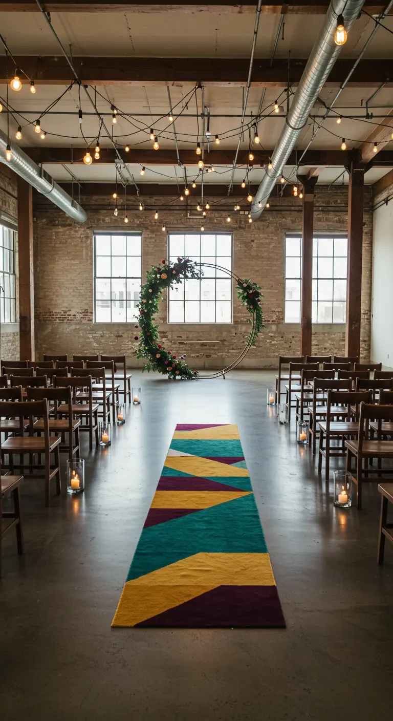 Alfombra de pasillo con un patrón geométrico de colores en un loft industrial.
