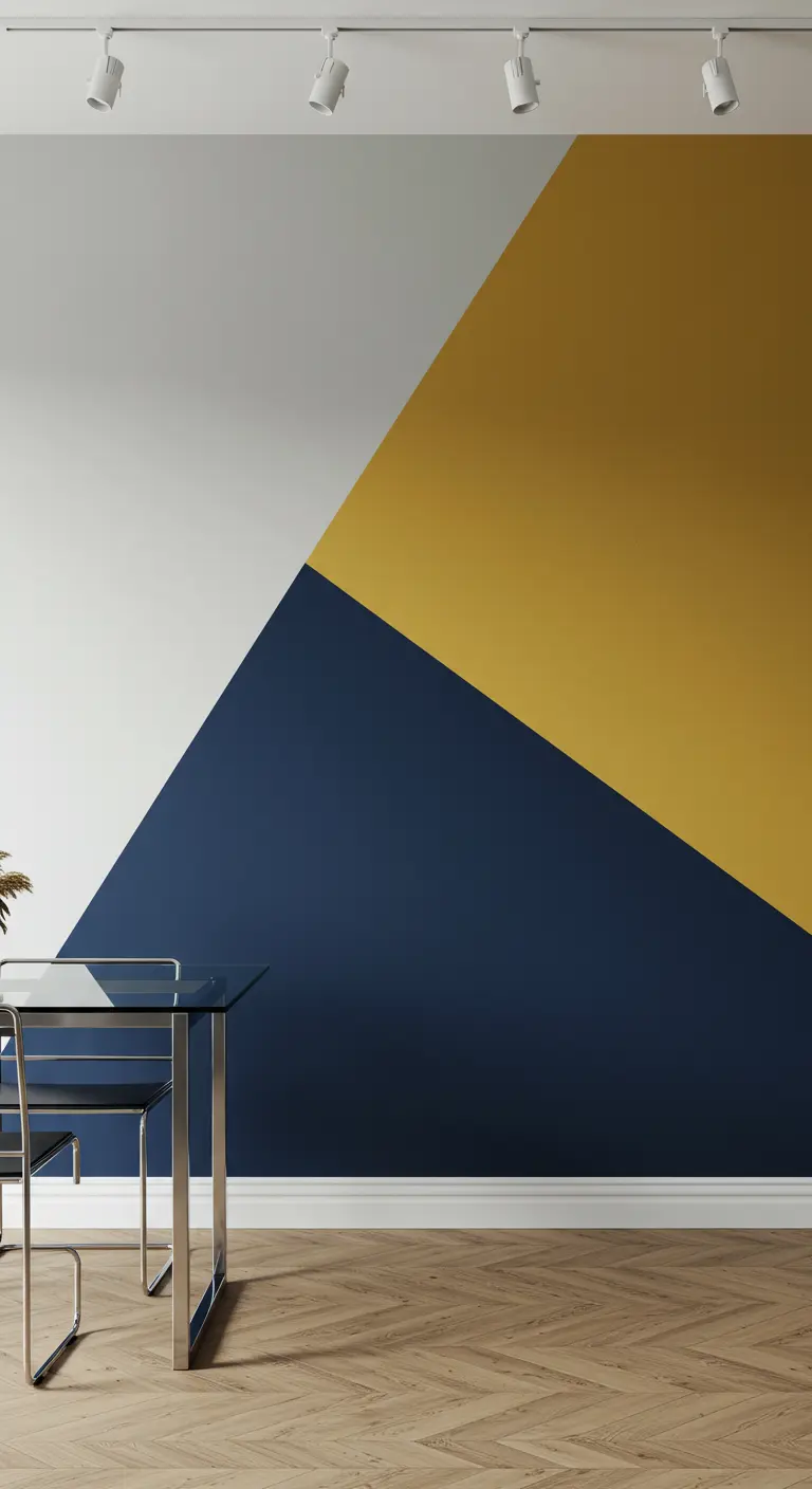 Pared de comedor con un diseño geométrico audaz en azul marino, amarillo mostaza y blanco.