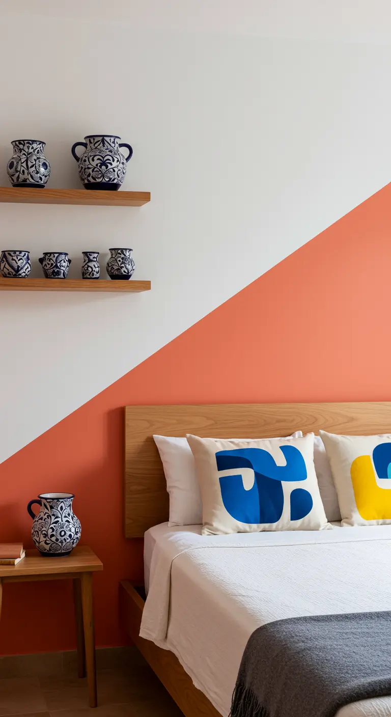 Dormitorio con pared pintada en diagonal en blanco y coral, y estantes con cerámica de talavera.