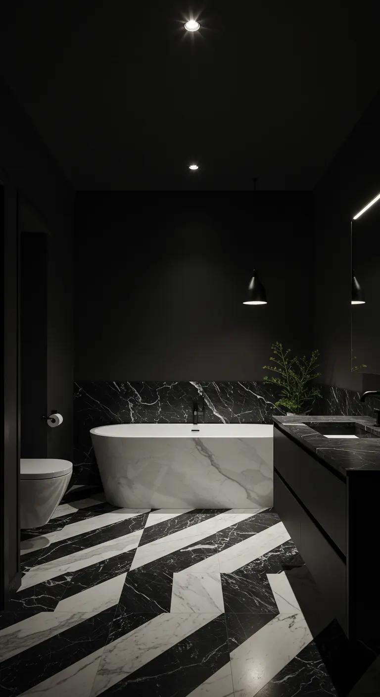 Baño oscuro con suelo de mármol en patrón geométrico blanco y negro y bañera blanca exenta
