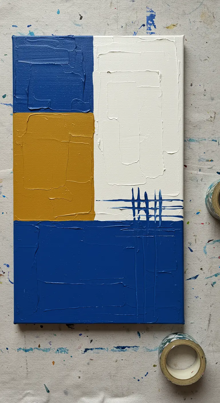 Cuadro con bloques de color azul, ocre y blanco.