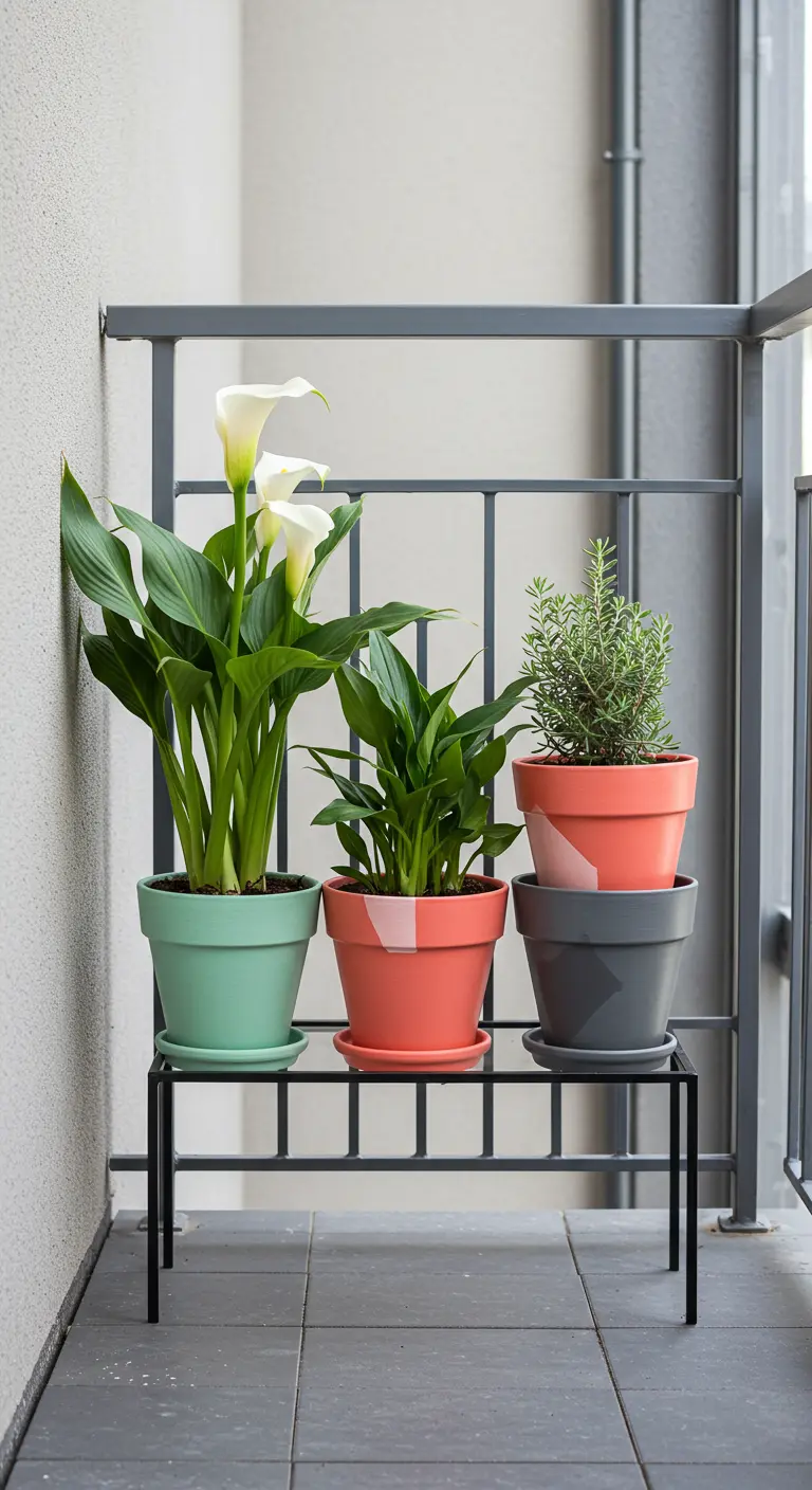 Macetas de terracota con diseños geométricos en menta, coral y gris en un balcón.