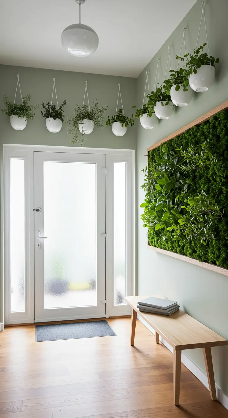 Recibidor en tonos verde menta con macetas colgantes blancas y un jardín vertical enmarcado.