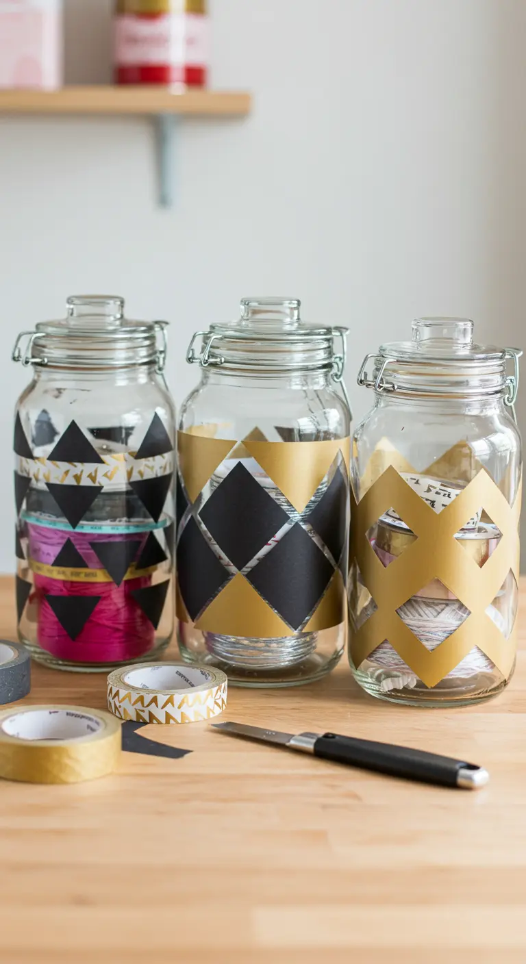 Frascos de vidrio con tapa hermética decorados con patrones geométricos hechos con cinta adhesiva.