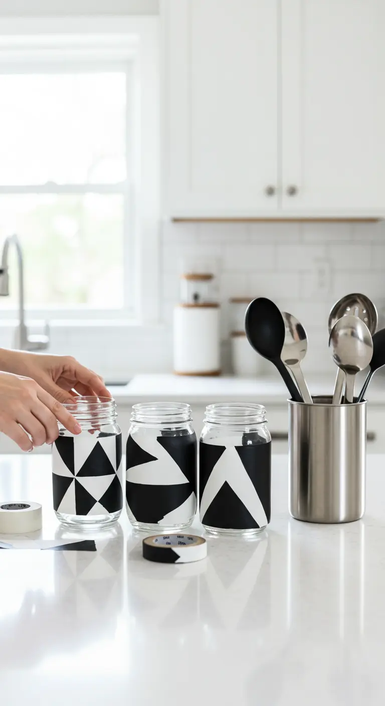 Manos aplicando cinta adhesiva para pintar diseños geométricos en frascos.