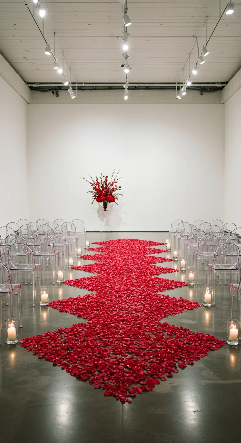 Pasillo de pétalos rojos en forma de zigzag en una galería de arte moderna.