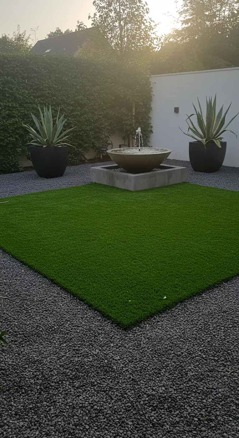 Jardín minimalista con césped cuadrado, grava oscura, fuente de cuenco y grandes agaves.