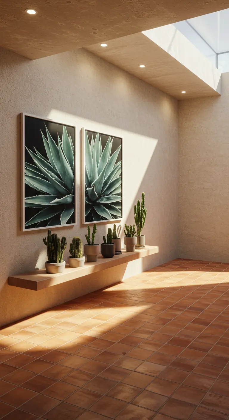 Dos cuadros de plantas de agave sobre un banco de obra con cactus en un espacio luminoso