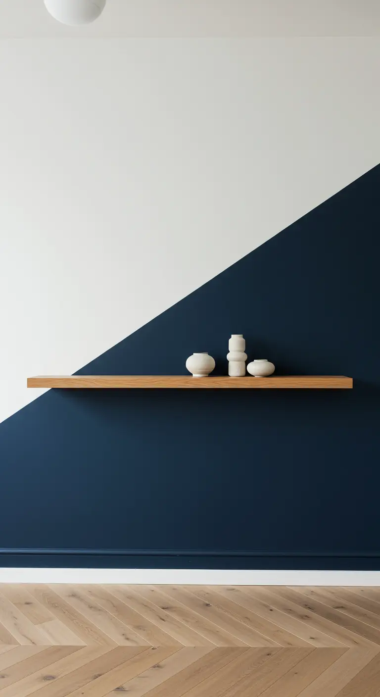 Pared dividida en diagonal con pintura azul marino y blanca, y una estantería de madera.