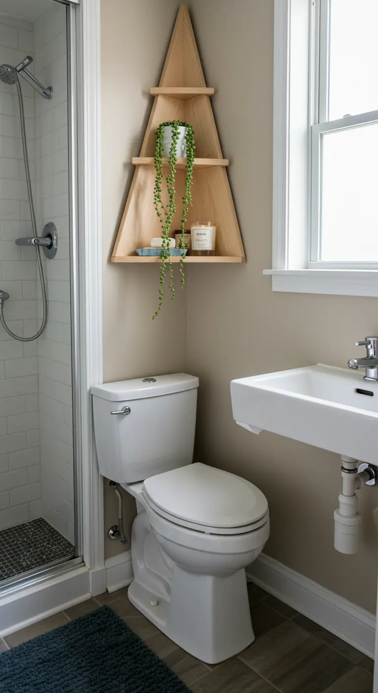 Estantería esquinera de madera clara con forma de triángulo en un baño neutro.