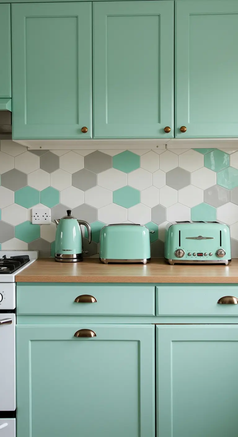Detalle de salpicadero de cocina con azulejos hexagonales en menta, blanco y gris.