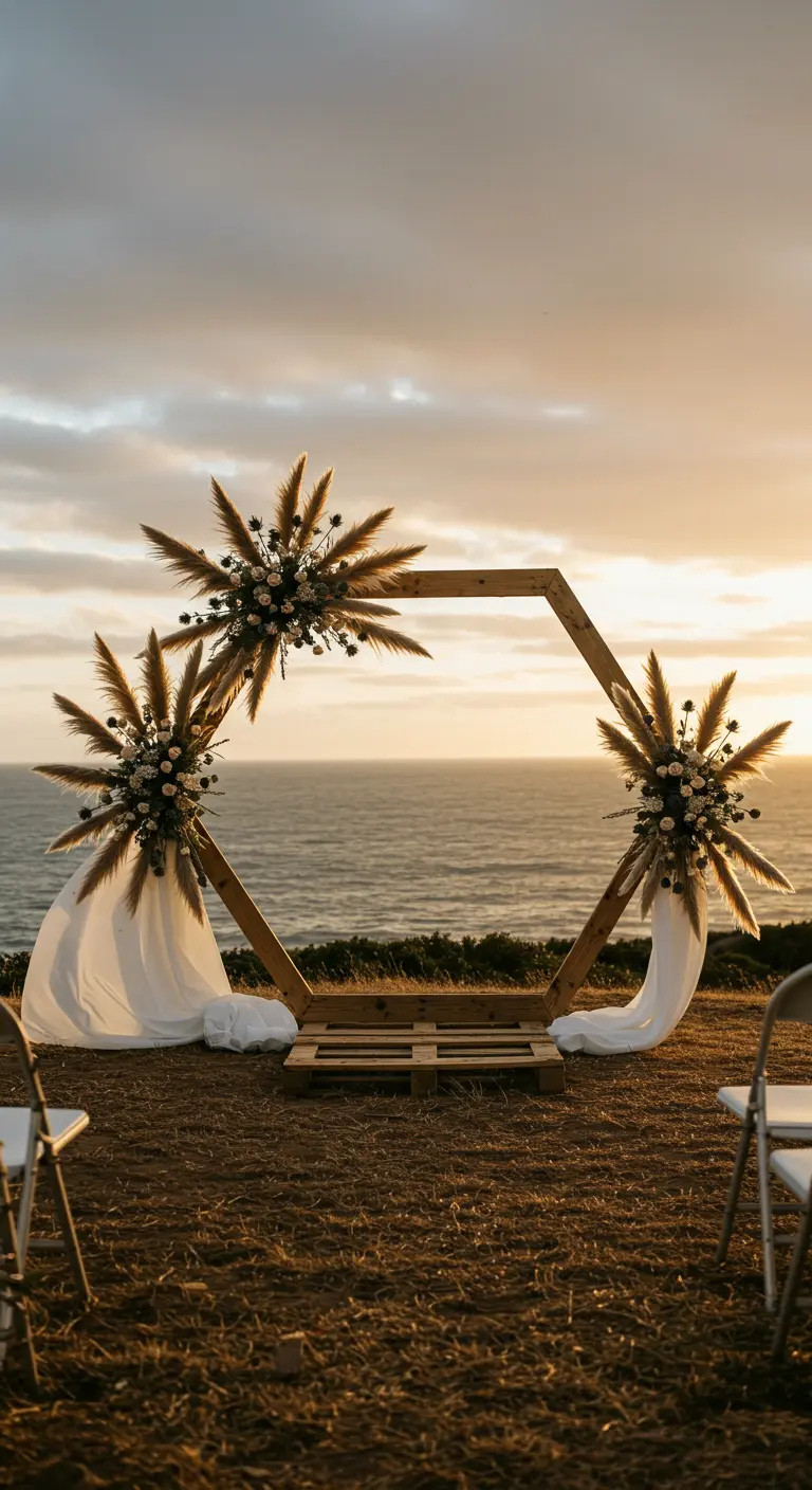 Altar de boda hexagonal de madera con hierba de pampa en un acantilado.