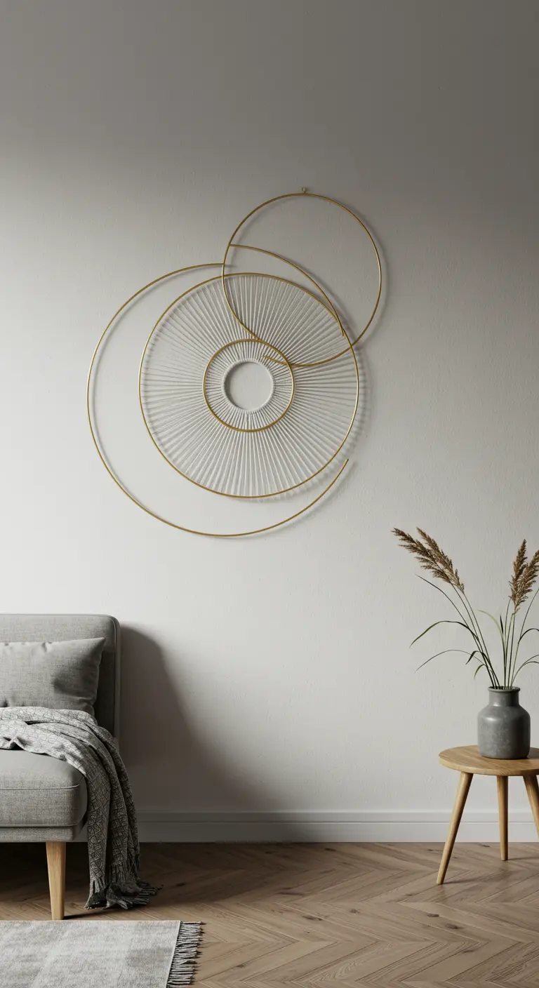 Decoración de pared minimalista con aros dorados e hilos blancos sobre un sofá.